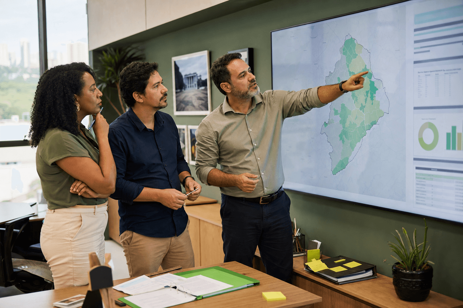 Coordenação do gabinete analisando prioridades por território